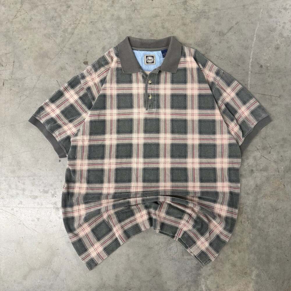 Vintage G.H. Bass & Co. Plaid Polo Shirt Size L Gray Pink Short Sleeve Casual